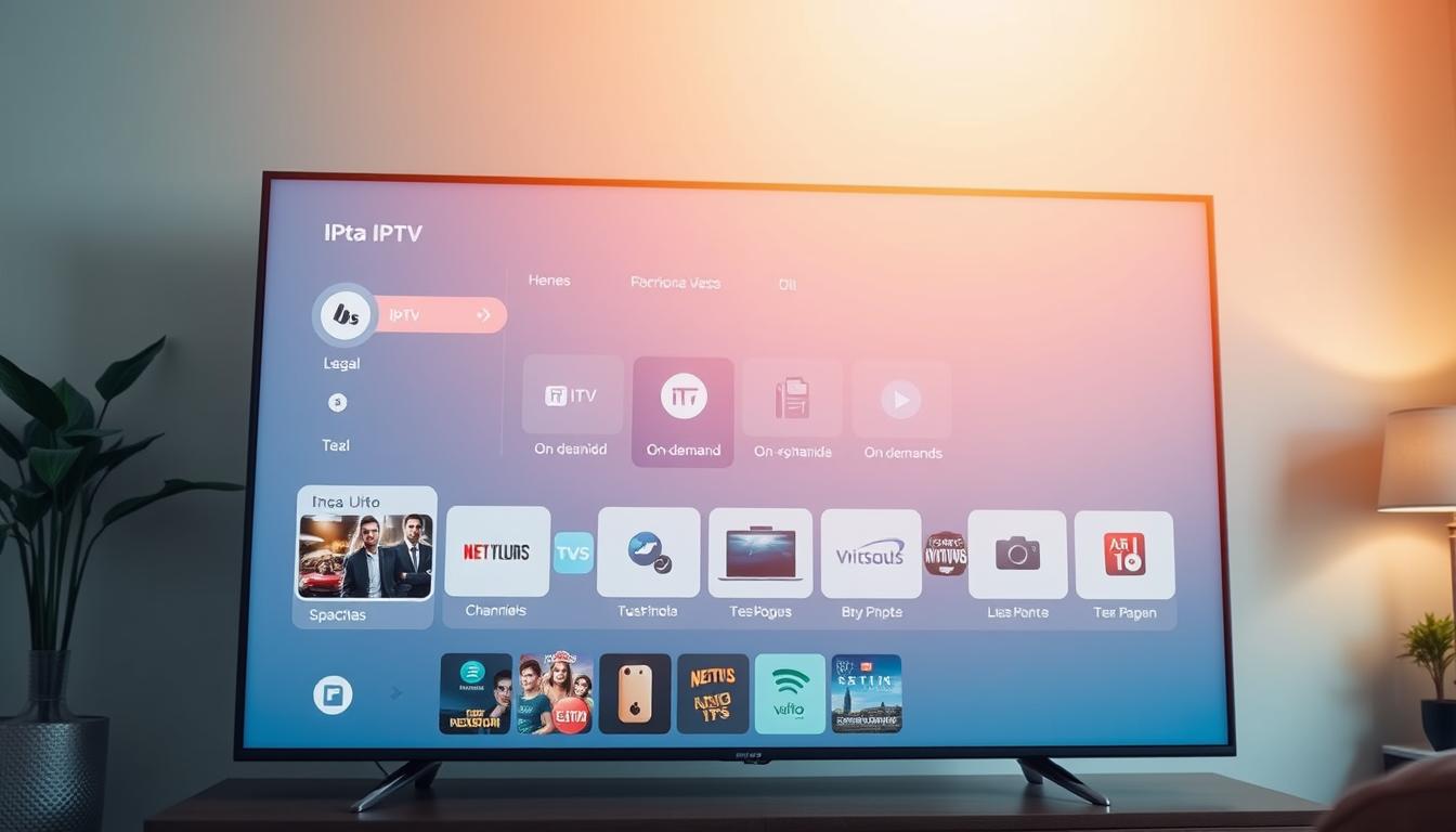 A sleek and modern smart TV interface displaying various IPTV service options, with a clean and intuitive layout. The screen showcases a range of Spanish-language channels, on-demand content, and streaming capabilities, all against a backdrop of a contemporary living room setting. Soft, warm lighting casts a cozy ambiance, while the UI elements are crisp and visually appealing, hinting at the legal and user-friendly nature of this IPTV solution for the Spanish market. The overall composition conveys the future-forward potential of IPTV as a transformative technology for television in Spain.