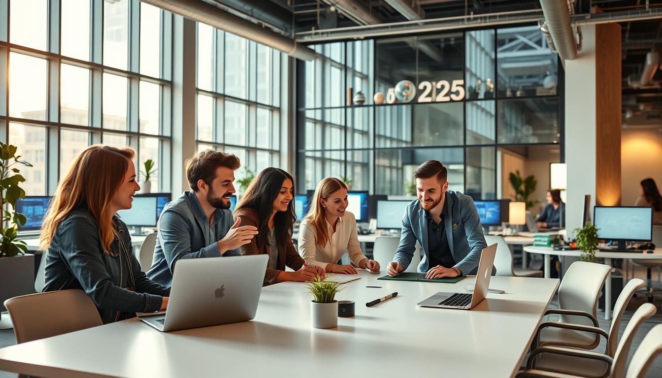 A vibrant, modern office space filled with innovative young professionals collaborating on cutting-edge technologies. In the foreground, a diverse team of entrepreneurs brainstorming around a sleek, minimalist conference table, their faces alight with enthusiasm. The middle ground showcases state-of-the-art workstations and display screens, highlighting the latest digital tools and software. The background reveals floor-to-ceiling windows, allowing natural light to pour in and illuminating the open, airy atmosphere. Subtle hints of the company's brand identity are woven throughout, conveying a sense of fresh, forward-thinking energy. The overall scene radiates a dynamic, collaborative spirit emblematic of a young, innovative enterprise in 2025.