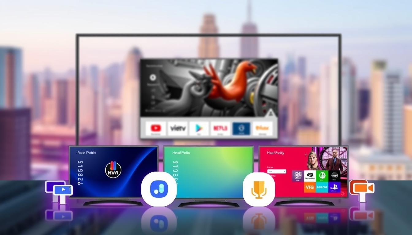 A vibrant and modern digital display showcasing the top 5 free IPTV trial services for 2025. The foreground features sleek, minimalist icons representing various IPTV providers, with a clean, high-contrast color palette. The middle ground shows crisp, high-definition screenshots of the IPTV service interfaces, highlighting their user-friendly designs. The background has a subtle, blurred cityscape backdrop, conveying a sense of technological progress and innovation. The overall composition strikes a balance between informative clarity and aesthetic appeal, creating an image that effectively captures the essence of the "Top 5 servicios de IPTV prueba gratis en 2025" section.