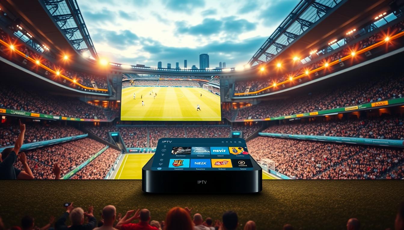 A vibrant sports arena with a large screen displaying live soccer match footage in the foreground. Fans in the stands cheer passionately, their faces alight with excitement. In the middle ground, a sleek IPTV device sits prominently, its interface showcasing a range of sports channels and live events. The background features an urban skyline, hinting at the global reach and accessibility of the streaming service. Warm, energetic lighting and a sense of immersion create an atmosphere of excitement and anticipation for the thrilling live sports action.