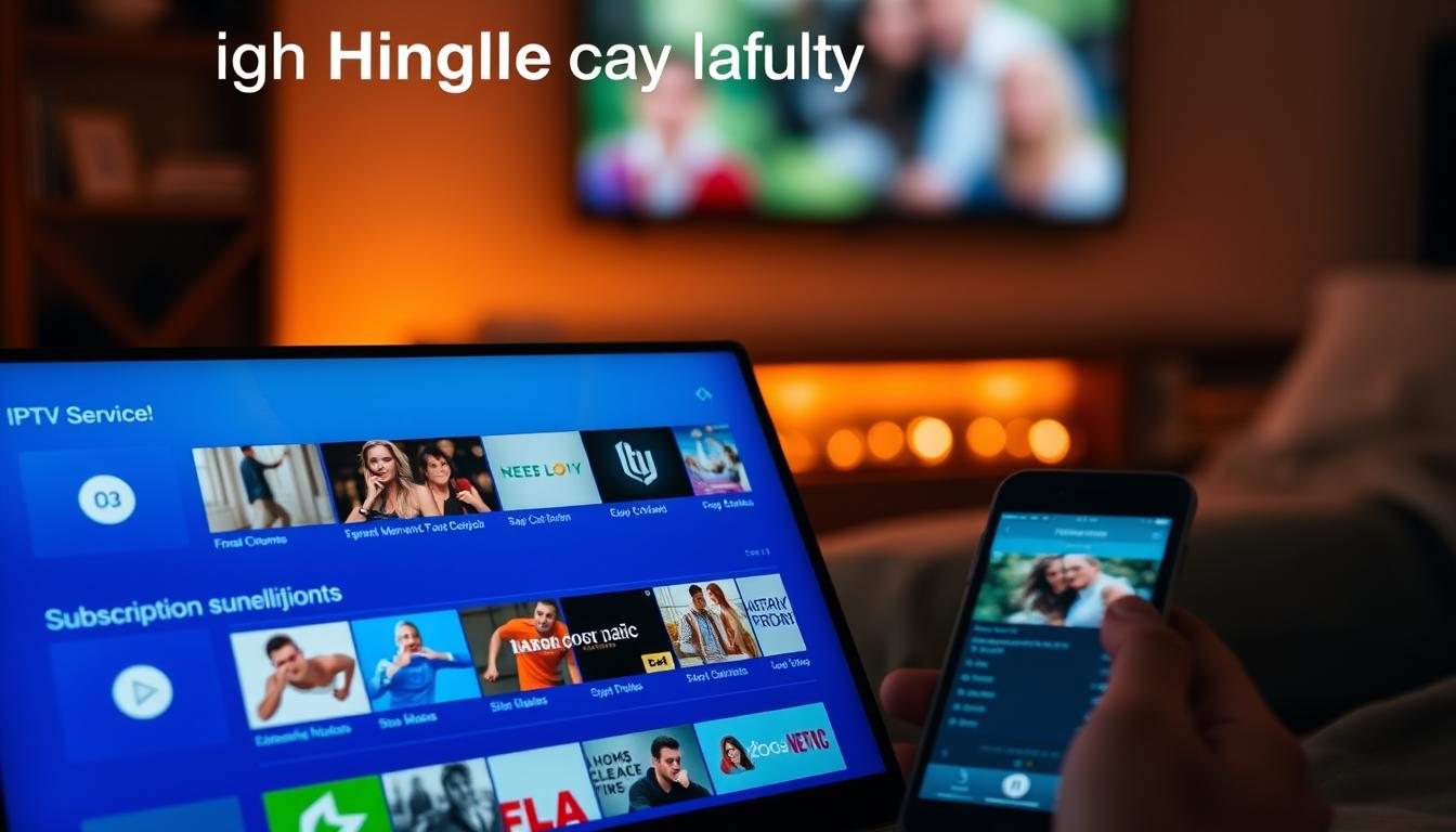 A high-quality IPTV service with a sleek, modern interface, prominently displaying a range of channel options and subscription plans. The image is lit with soft, warm lighting, creating a cozy, inviting atmosphere. The foreground features a closeup of the IPTV interface, showcasing the clean, intuitive design and the variety of content available. The middle ground includes a tablet or smartphone displaying the IPTV service, highlighting its versatility and accessibility across devices. The background subtly suggests a comfortable home setting, reinforcing the idea of IPTV as a convenient, cost-effective entertainment solution for the home.