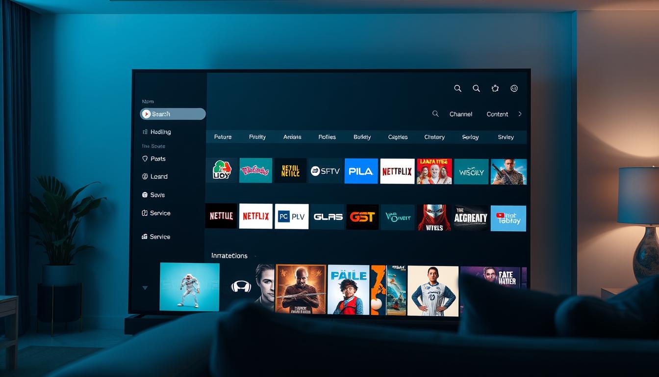 A high-quality, detailed image of a sleek, modern IPTV interface displayed on a large, high-resolution screen. The interface features a clean, minimalist design with a prominent search bar, intuitive navigation menus, and a visually appealing grid of channel logos and thumbnails. The screen is set against a dimly lit, contemporary living room environment, with subtle lighting accents and a sense of depth and perspective. The overall mood is one of technological sophistication and entertainment, reflecting the idea of evaluating the quality of an IPTV service's content catalog.