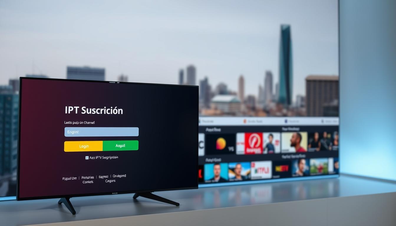 A sleek and modern IPTV subscription service interface, showcasing a clean dashboard with intuitive controls and a visually appealing layout. The foreground features a well-designed login screen with a prominent "IPTV Suscripción" title, inviting the user to enter their credentials. The middle ground displays a grid of popular live TV channels and on-demand content, with thumbnails and clear category labels. The background depicts a subtle gradient or blurred cityscape, conveying a sense of urban sophistication. The overall scene is illuminated by soft, diffused lighting, creating a refined and professional atmosphere.