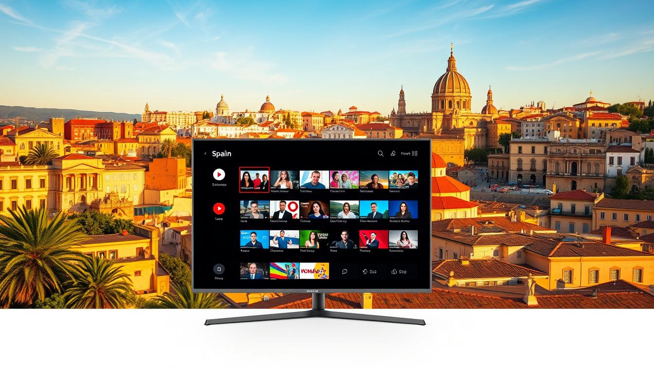 A modern, sleek IPTV platform set against a backdrop of a vibrant Spanish cityscape. In the foreground, a 4K smart TV displays a diverse selection of live and on-demand content, reflecting the rich tapestry of Spanish television. The middle ground features a user interface with intuitive controls and personalized recommendations, catering to the preferences of the discerning Spanish viewer. In the background, the iconic architecture of Spain's historic cities, bathed in warm, golden sunlight, creates a sense of cultural immersion. The image conveys the cutting-edge technology and the deep-rooted traditions of the IPTV landscape in Spain, poised to deliver an exceptional viewing experience in 2025.