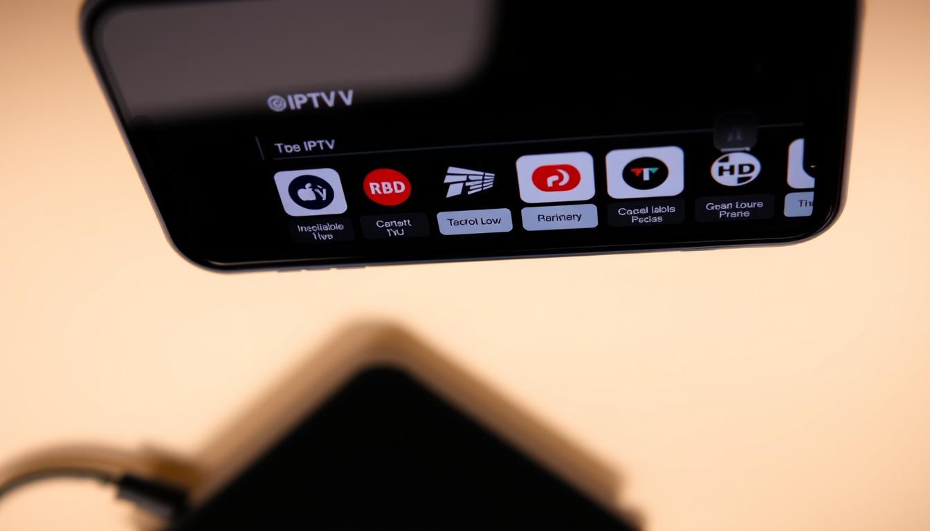 An overhead view of a smartphone screen displaying a selection of popular IPTV streaming applications, including a clean minimalist user interface with intuitive icons and menus. The screen is well-lit with diffused natural lighting, showcasing the apps in a crisp, high-resolution display. The background features a soft, blurred gradient in complementary colors, creating a sense of depth and focus on the central device. The overall composition conveys the ease and accessibility of IPTV streaming on mobile platforms.