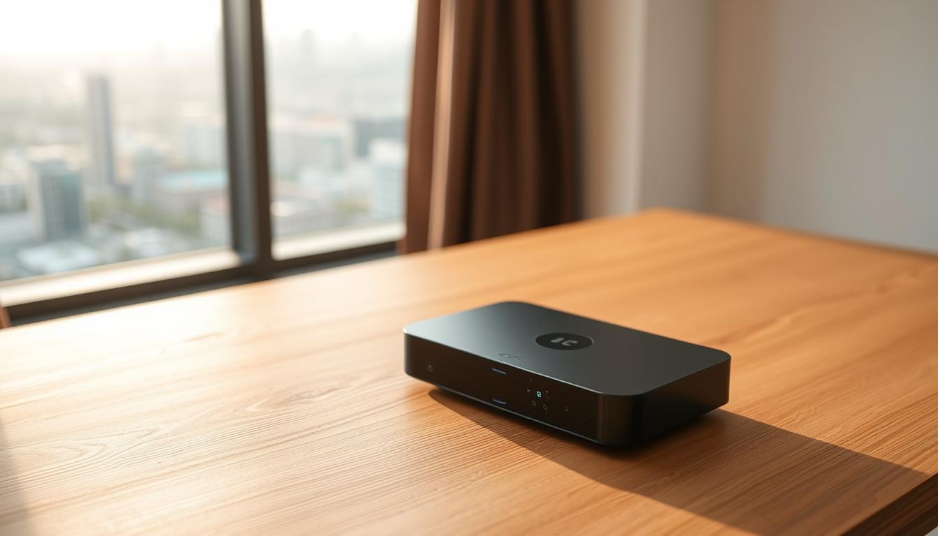 A sleek and modern IPTV streaming device rests on a minimalist wooden table, its clean lines and intuitive interface inviting the viewer to explore the free trial. Soft natural light filters in through a nearby window, casting a warm glow over the scene. In the background, a blurred cityscape can be seen, hinting at the global connectivity and accessibility of IPTV services. The overall mood is one of simplicity, convenience, and the promise of unfettered entertainment at the user's fingertips.