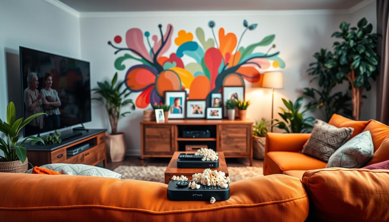 A cozy family living room filled with vibrant colors and a sense of togetherness. In the foreground, a large, comfortable sofa in a warm, earthy tone sits facing a large flatscreen TV. On the coffee table in front of the sofa, a bowl of fresh popcorn and a remote control, inviting viewers to settle in for a night of entertainment. The middle ground features a wooden entertainment center housing a sleek IPTV set-top box, surrounded by framed family photos and lush potted plants. The background showcases a vibrant, abstract mural on the wall, adding a playful and lively atmosphere to the scene. Soft, ambient lighting gently illuminates the room, creating a welcoming and inviting ambiance.