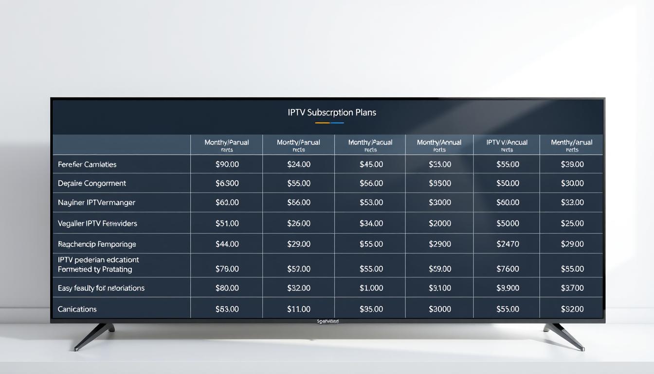 A comprehensive comparison of IPTV subscription plans and prices in Spain, showcased against a clean, minimalist backdrop. The image should depict a table or grid layout highlighting various IPTV service providers, their monthly/annual costs, and the key features or channels included in each plan. The visual treatment should be sleek and professional, with a focus on data visualization and clear, concise presentation of the pricing information. Soft, directional lighting illuminates the tabular content, creating depth and emphasizing the comparative nature of the subject matter. The overall tone should convey a sense of informative authority, guiding the viewer through the IPTV landscape in Spain.