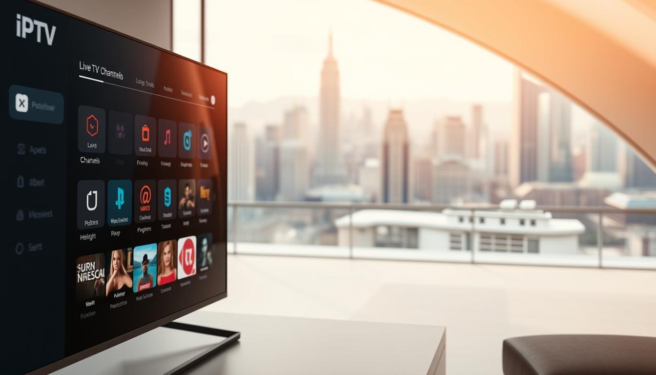 An IPTV portal with a sleek, modern interface, showcasing a diverse selection of live TV channels and on-demand content. The foreground features a clean, minimalist design with intuitive icons and menus, allowing users to easily navigate and access their favorite programs. The middle ground displays a grid of high-quality thumbnails, each representing a different channel or category, inviting the viewer to explore the vast library. In the background, a soft, blurred cityscape provides a subtle, sophisticated backdrop, conveying a sense of urban sophistication and technological advancement. The overall scene is illuminated by warm, natural lighting, creating a welcoming and user-friendly atmosphere.