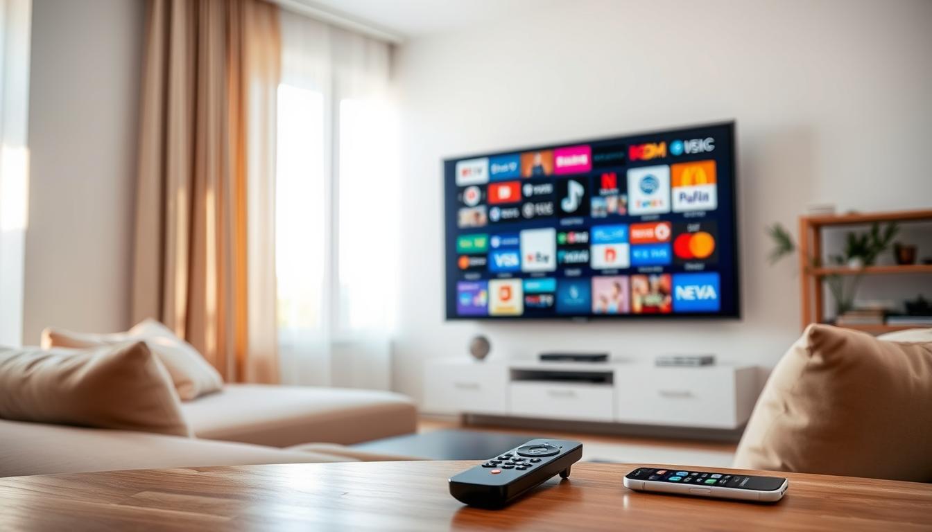 A serene living room with a large flatscreen TV displaying a grid of IPTV channel logos, reflecting the diverse entertainment options available through IPTV in Spain. The room is bathed in warm, natural lighting, with a cozy couch and minimal decor creating an inviting atmosphere. In the foreground, a sleek remote control and a smartphone hint at the convenience of accessing IPTV services. The overall scene conveys the ease and enjoyment of exploring a wide range of premium TV content from the comfort of one's own home.