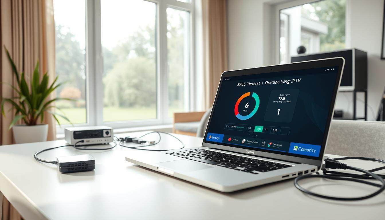 A well-lit, high-resolution image of a modern home office setup, featuring an open laptop on a clean desk surrounded by network equipment and cables. The laptop screen displays a speed test result with fast download and upload speeds, indicating a robust internet connection optimized for IPTV streaming. The room has large windows, letting in natural light and creating a calming, productive atmosphere. The overall scene conveys the idea of a seamless, uninterrupted IPTV experience enabled by a carefully optimized internet connection.