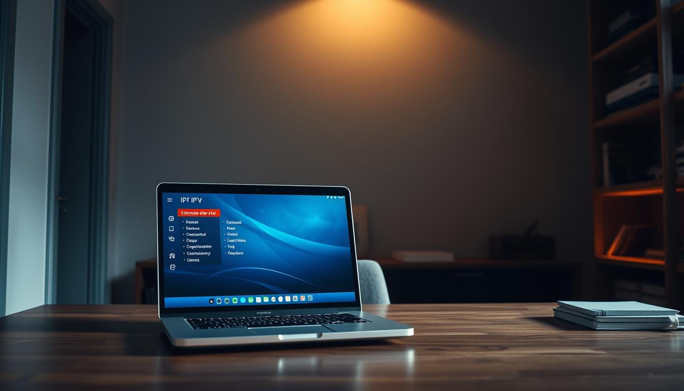 A dimly lit office interior, with a laptop prominently displayed on a sleek wood desk. The computer screen shows an IPTV service interface, hinting at the legal considerations surrounding its use in Spain. Soft, warm lighting casts shadows across the room, creating an atmosphere of contemplation. In the background, legal documents and books line the shelves, suggesting the research and analysis required to navigate the complex legal landscape. The scene conveys a sense of the challenges and uncertainties faced by individuals exploring the legality of IPTV services in the Spanish market.