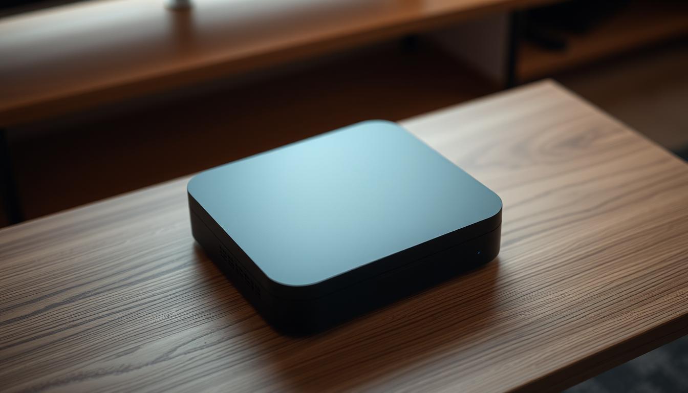 A sleek, modern IPTV box resting on a minimalist wooden surface, its matte black exterior subtly reflecting the warm lighting above. The device is positioned at a slight angle, casting a soft shadow that grounds it in the scene. The frame is tight, focusing the viewer's attention on the clean, minimalist design of the IPTV box, with just enough context to suggest a living room or home entertainment setup. The atmosphere is calm and inviting, hinting at the seamless streaming experience the device provides.
