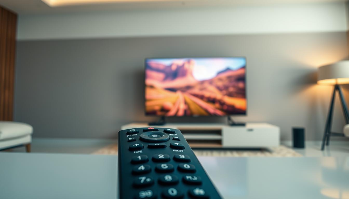 A high-quality, realistic image of a premium IPTV service for the Spanish market. The foreground shows a modern, sleek TV remote control with a stylized IPTV logo and premium branding. The middle ground depicts a 4K OLED TV displaying a vibrant, high-definition live TV feed, showcasing the service's visual fidelity. The background features a minimalist, elegant living room setting with warm, soft lighting, conveying a sense of comfort and luxury. The overall mood is one of sophistication, technological advancement, and premium entertainment experience.