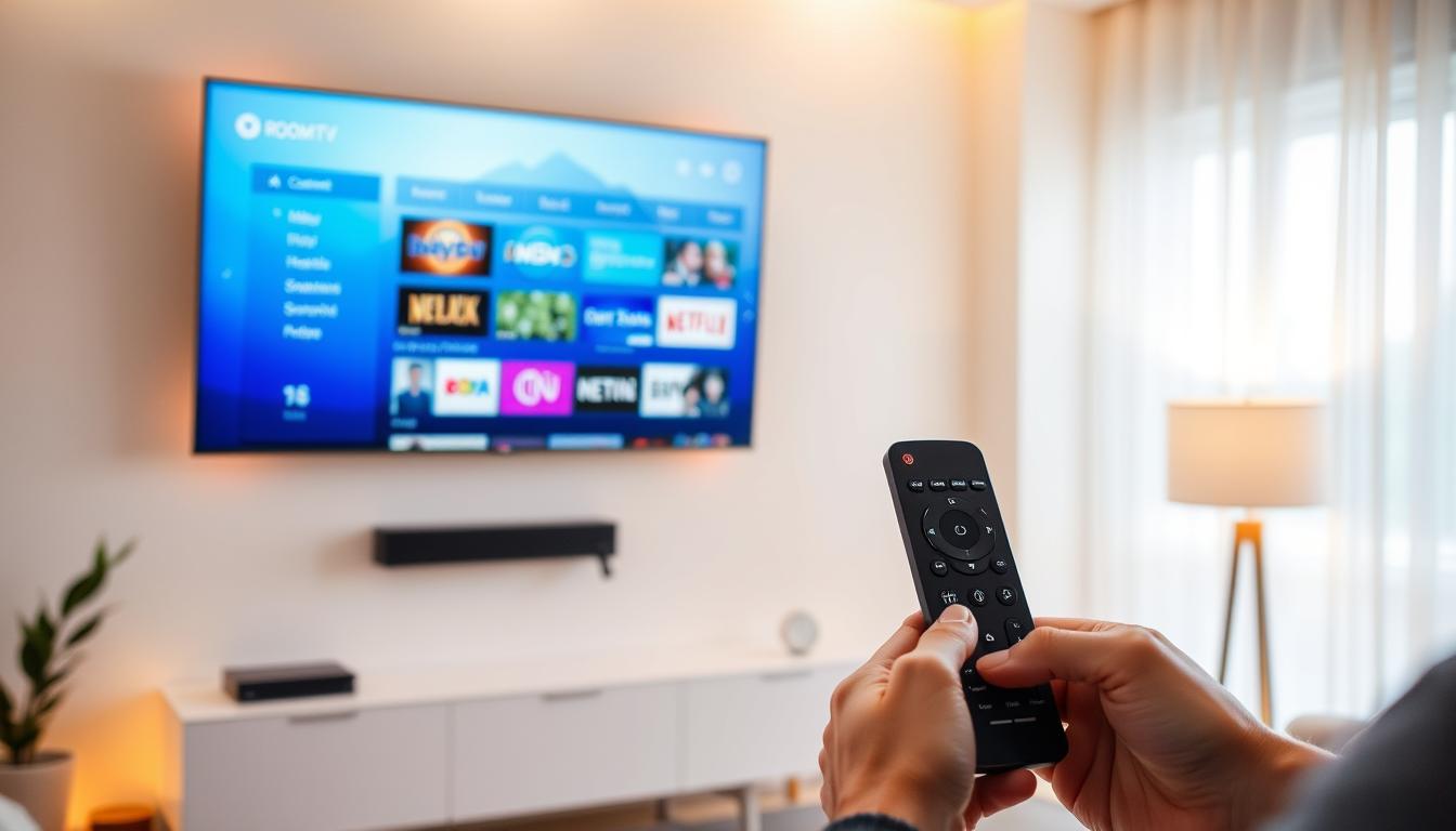 A well-lit living room setting, with a modern flat-screen TV mounted on the wall. On the TV screen, a visually-appealing user interface for a Room IPTV service, showcasing various content categories and streaming options. In the foreground, a person's hands interacting with a sleek remote control, demonstrating the intuitive configuration process. The room features minimalist decor, warm lighting, and a cozy, inviting atmosphere, conveying the ease and convenience of setting up Room IPTV for home entertainment.
