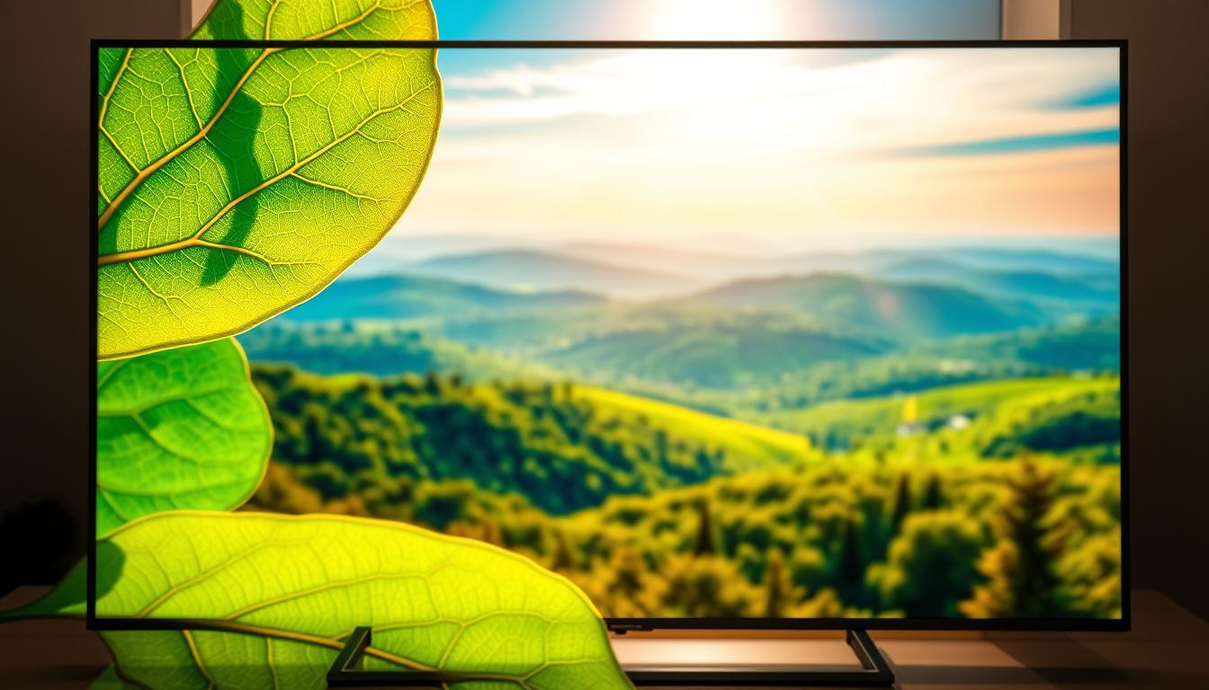 A high-definition IPTV screen displaying a vivid, richly detailed image of a lush, verdant landscape. The foreground features a crystal-clear, high-contrast close-up of a vibrant green leaf, capturing every intricate vein and texture. The middle ground showcases a breathtaking panoramic view of rolling hills, with a dense forest in the distance bathed in warm, golden sunlight. The background depicts a stunning, cloudless sky in shades of azure blue. The overall scene conveys a sense of clarity, depth, and visual fidelity, exemplifying the superior image quality and immersive viewing experience of IPTV technology.