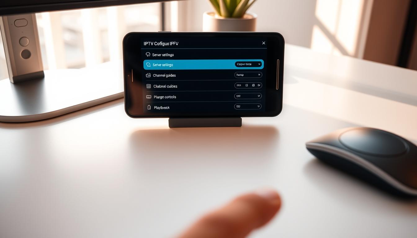 A detailed interior scene of a mobile device displaying an IPTV configuration interface. The device is placed on a modern, minimalist desk with a clean, white surface. The screen shows a user-friendly IPTV setup menu with various configuration options, such as server settings, channel guides, and playback controls. The scene is bathed in warm, natural lighting, creating a calming, focused atmosphere for the task at hand. The camera angle is positioned slightly above the device, providing a clear view of the display while maintaining a sense of intimate, hands-on interaction. The overall composition emphasizes the ease and simplicity of setting up an IPTV service on a mobile platform.