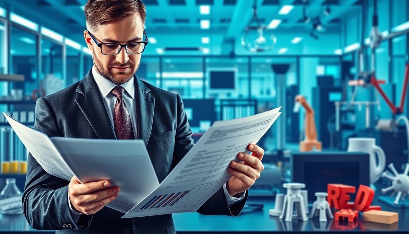 A detailed illustration of research and development expenses eligible for the Research Tax Credit (Crédit d'Impôt Recherche). The foreground depicts a smartly-dressed businessman reviewing financial documents, with a sleek, modern office layout in the middle ground. The background showcases various scientific and technological elements, such as test tubes, circuit boards, and 3D-printed prototypes, all bathed in a cool, blue-tinted lighting scheme. The overall composition conveys a sense of professional expertise, rigorous analysis, and the forward-thinking innovation at the heart of qualifying R&D activities.