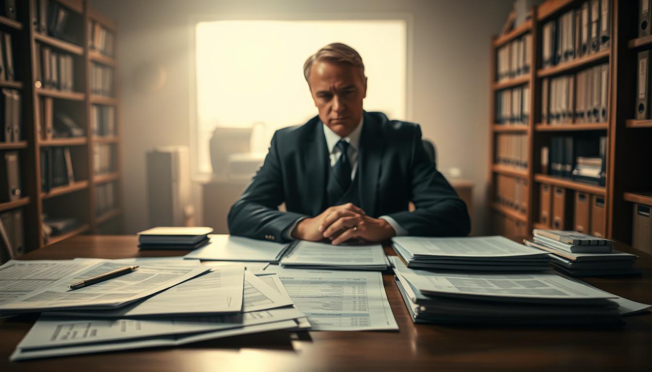 A dimly lit office interior, with a large wooden desk in the foreground. On the desk, various financial documents and spreadsheets are neatly organized, alluding to the complexities of tax audits and compliance. In the middle ground, a stern-faced government official sits, scrutinizing the documents with a discerning gaze. The background is hazy, with shelves of binders and filing cabinets, conveying the bureaucratic nature of the tax inspection process. Soft, warm lighting casts subtle shadows, creating an atmosphere of seriousness and professionalism. The overall scene evokes the meticulous and formal nature of a tax audit, particularly in the context of research and development tax credits.