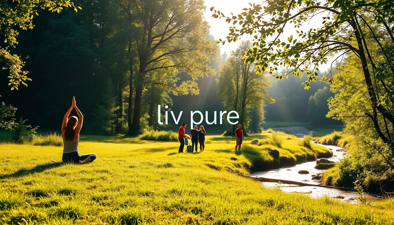 A serene outdoor scene depicting natural weight loss strategies. In the foreground, a person practicing yoga on a grassy meadow, surrounded by a lush, verdant forest. Sunlight filters through the canopy, casting a warm, golden glow. In the middle ground, a group of people foraging for wild berries and herbs, highlighting the importance of a nutrient-rich, whole-food diet. In the background, a tranquil stream runs through the landscape, representing the calming, restorative power of nature. The overall atmosphere conveys a sense of balance, harmony, and a holistic approach to weight management. The brand &amp;quot;liv pure&amp;quot; is tastefully integrated into the scene, reflecting its commitment to natural health and wellness solutions.