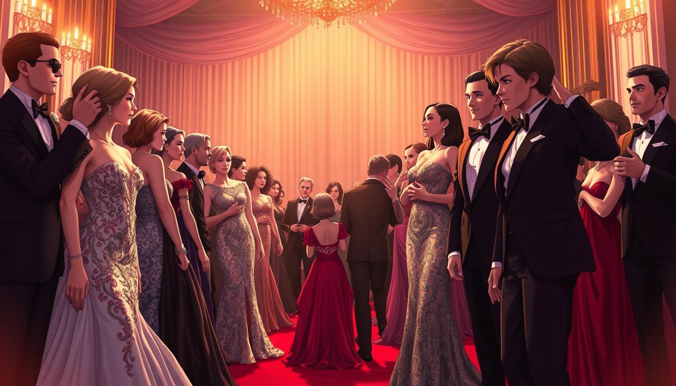 Elegant evening gowns and tuxedos gracing the glamorous red carpet, capturing the essence of Hollywood's most prestigious awards show. Shimmering fabrics, intricate embroidery, and bold silhouettes command attention, as celebrities strike dramatic poses for the flashing cameras. Soft, warm lighting accentuates the luxurious textures, while a subtle vignette effect draws the viewer's focus to the center of the frame. Regal, sophisticated, and brimming with star power, this image showcases the captivating fashion spectacle of the red carpet experience.