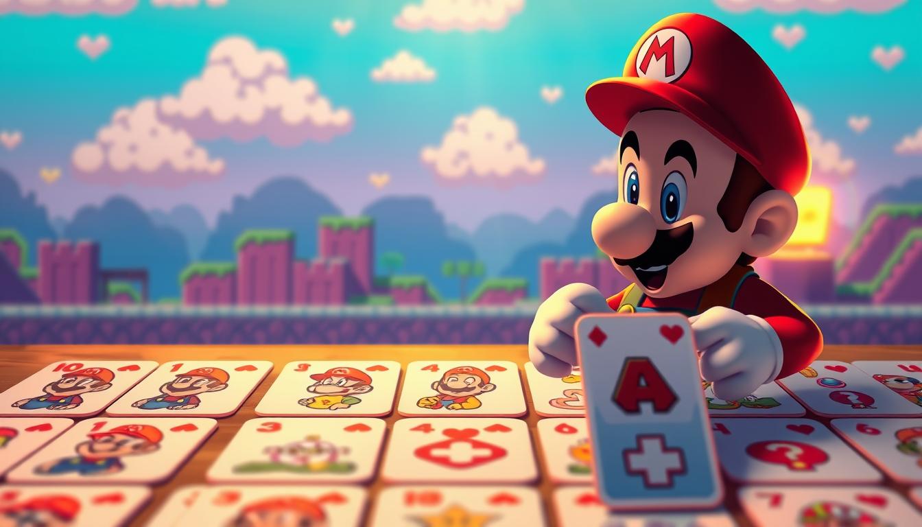 A vibrant online memory game featuring the iconic Super Mario character. The foreground showcases a grid of colorful Mario-themed playing cards, inviting the player to match pairs and uncover the familiar characters and power-ups. The middle ground depicts a digital backdrop with a retro gaming aesthetic, complete with pixelated clouds and a scrolling 8-bit landscape. Warm, nostalgic lighting illuminates the scene, creating a cozy, immersive atmosphere. The overall composition captures the essence of a classic Mario memory challenge, ready to be played on a desktop or mobile device.