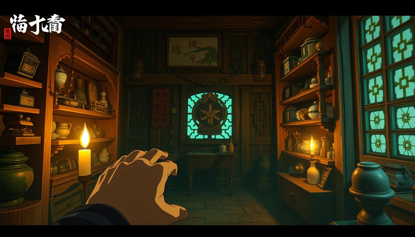 A vibrant, immersive scene of the creative puzzle game &quot;Xingshan&quot;. The player's hands are visible, carefully manipulating a wax candle, its soft glow illuminating the intricate details of the in-game environment. Wooden shelves line the background, housing an array of enigmatic objects and artifacts that hint at the game's mysterious narrative. The camera angle is slightly angled, giving a sense of depth and inviting the viewer to step into the tactile, atmospheric world of &quot;Xingshan&quot; and begin solving its captivating puzzles.