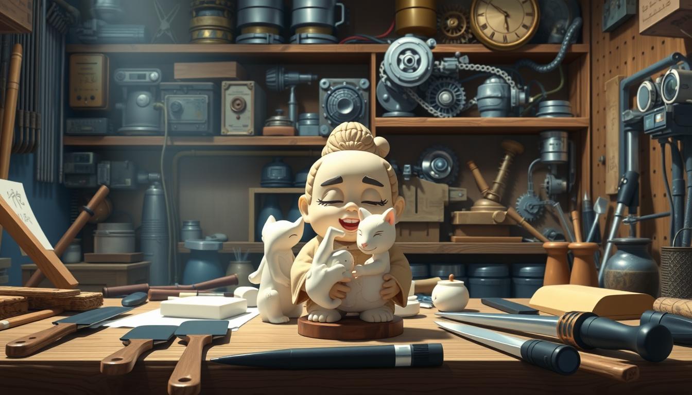 A well-lit workshop filled with the tools of the Shinshen creative puzzle-solving trade. In the foreground, an array of wax-sculpting implements - spatulas, carving knives, and heat tools - neatly arranged on a wooden workbench. In the middle ground, a Shinshen figurine partially obscured by a delicate wax model, its intricate features suggesting the puzzle-solving capabilities of these unique characters. The background reveals shelves stocked with intriguing mechanical devices, gears, and other mysterious components, hinting at the advanced technologies at the heart of the Shinshen puzzle-solving system. The overall atmosphere conveys a sense of focused creativity and the innovative spirit essential to unraveling the Wax Puzzle.