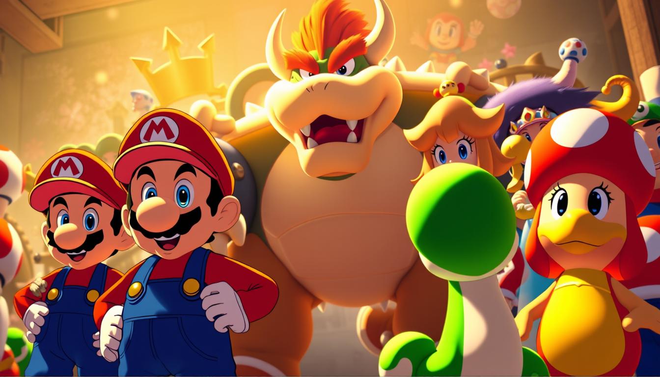 A vibrant ensemble of iconic Super Mario characters in a dynamic, whimsical setting. In the foreground, the beloved plumber Mario and his sibling Luigi, their overalls and caps rendered in vivid detail. In the middle ground, the mischievous Bowser, his fierce expression and spiked shell capturing his malevolent presence. Surrounding them, a cast of familiar faces - the kindhearted Princess Peach, the nimble Yoshi, the ever-cheerful Toad, and the endearing Mushroom Kingdom denizens. Bathed in warm, golden lighting, the scene exudes a sense of nostalgic wonder, inviting the viewer to revisit the beloved world of Mario. Captured with a cinematic, wide-angle lens, the composition emphasizes the characters' larger-than-life personalities and the playful, fantastical atmosphere of the Mushroom Kingdom.