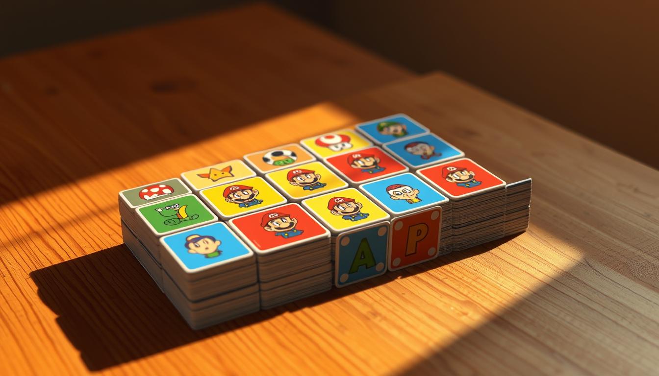 A vibrant, retro-styled 3D render of a handmade &quot;Mario memory game&quot; with a colorful grid of squared-off cards depicting iconic Mario characters and items. The cards are stacked neatly on a wooden table, casting soft shadows. Warm, diffused lighting illuminates the scene, evoking a cozy, nostalgic atmosphere. The table surface is textured with wood grain, and the background blurs gently into a neutral, muted tone, placing the focus entirely on the memory game itself. The overall design and composition create a visually striking, whimsical representation of a classic, DIY Mario-themed memory matching activity.