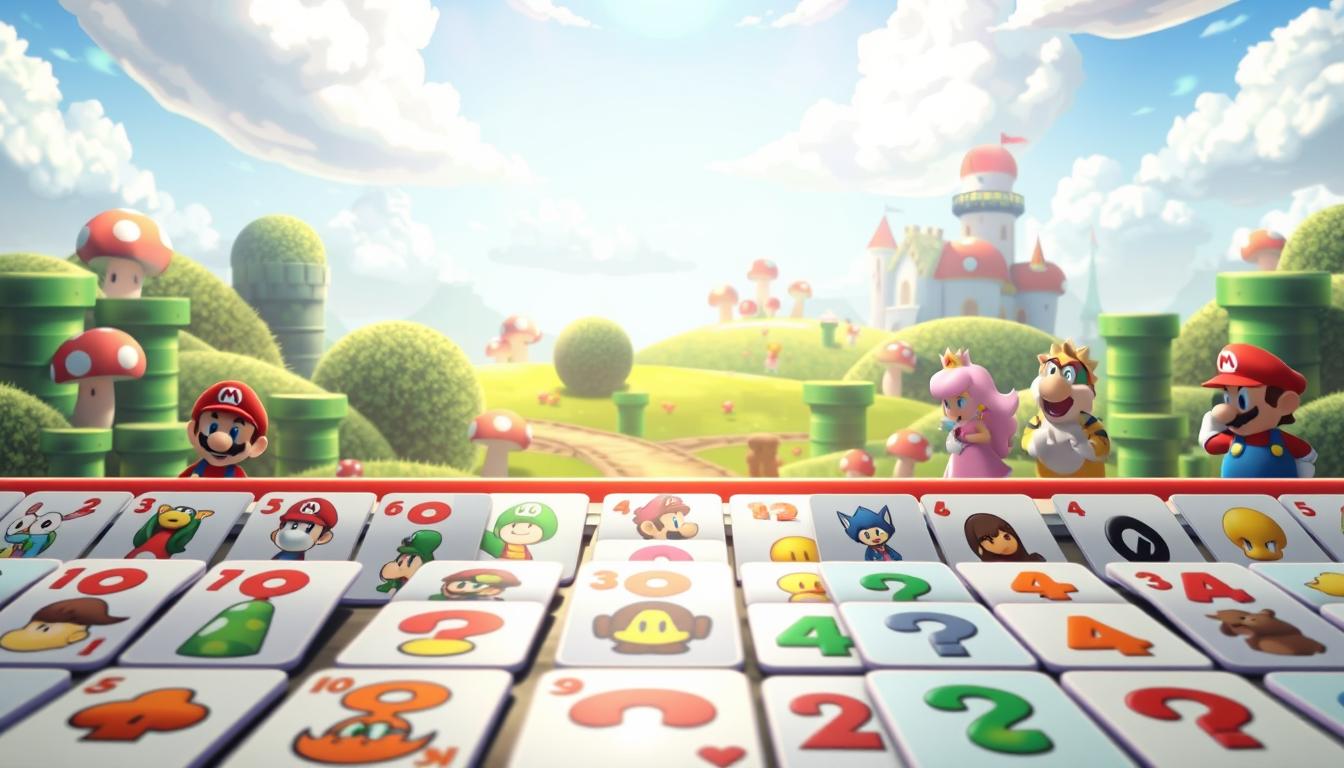 A vibrant, visually engaging Mario-themed memory card game. In the foreground, a grid of colorful, iconic Mario character cards - Luigi, Peach, Bowser, and more - face down, waiting to be matched. The middle ground features a whimsical, mushroom-dotted landscape, with a bright blue sky overhead and fluffy white clouds drifting by. The background showcases classic Mario elements like green pipes, ? blocks, and the recognizable silhouette of the Mushroom Kingdom castle. Soft, diffused lighting casts a warm, nostalgic glow over the scene, creating an inviting, playful atmosphere. Crisp, detailed textures and vibrant colors bring the Mario universe to life, encouraging players to engage with the memory game and rediscover the magic of this beloved franchise.