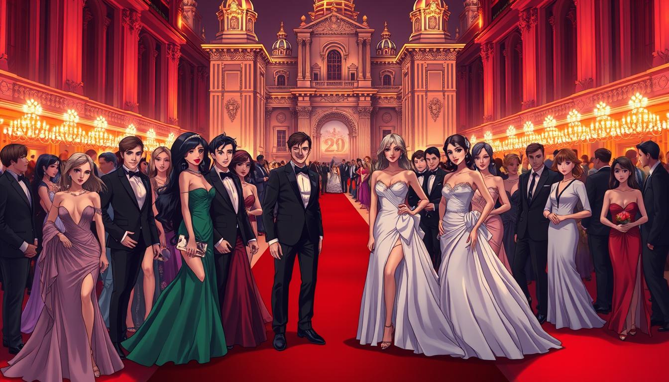A glamorous scene of famous celebrity couples posing on the red carpet, dressed in their finest gowns and suits. The image is bathed in warm, dramatic lighting, creating a sense of elegance and grandeur. In the foreground, a diverse array of stylishly attired couples strike alluring poses, their faces and figures captured in sharp detail. The middle ground features a sprawling red carpet, leading towards a backdrop of towering, ornate architecture. The overall atmosphere is one of high-fashion, sophistication, and the excitement of a star-studded event.