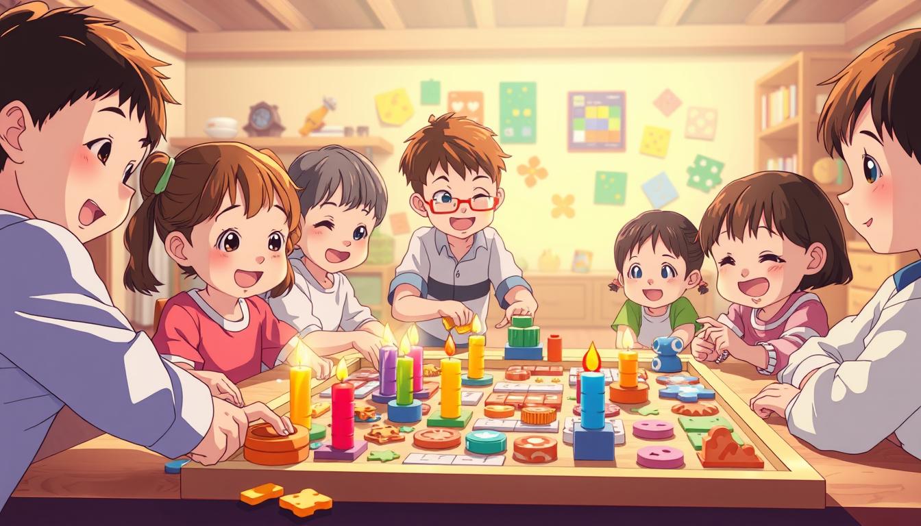A vibrant, whimsical scene depicting the educational and entertaining benefits of the Shinechan puzzle game. In the foreground, a group of children engaged in lively, collaborative problem-solving, their faces alight with concentration and delight as they manipulate the colorful wax candles, shapes, and tiles that make up the Shinechan puzzle. The middle ground showcases the versatile gameplay, with various puzzles and challenges laid out, inviting players of all ages to exercise their creativity and critical thinking skills. In the background, a warm, softly-lit setting evokes a cozy, nurturing environment, underscoring the game's ability to foster learning, discovery, and the joy of shared experience. Emphasis on the tactile, hands-on nature of the game, the vibrant colors, and the engaged expressions of the players, all culminating in a scene that captures the educational and recreational merits of the Shinechan puzzle.