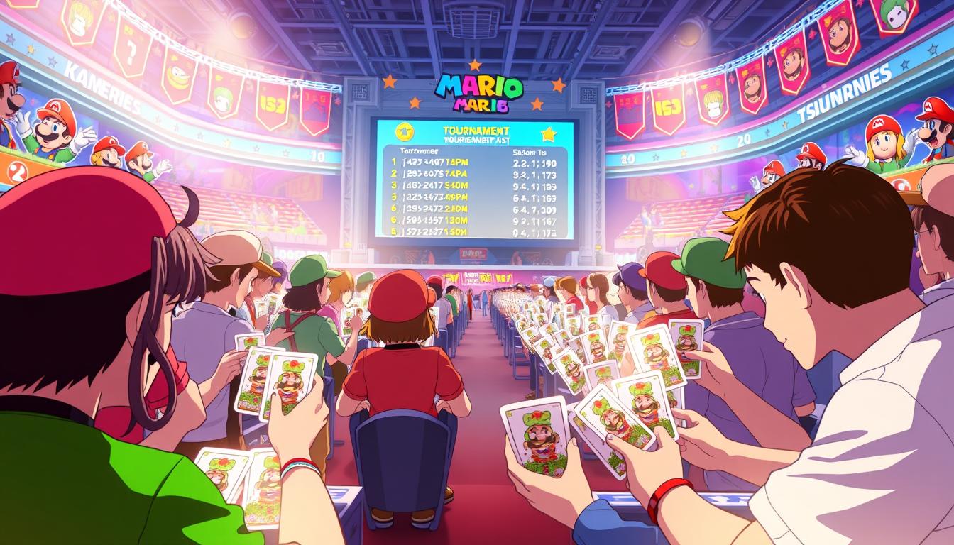 A bustling Mario-themed memory match tournament set in a vibrant, colorful arena. In the foreground, groups of players intensely compete, flipping Mario-themed cards to find matching pairs. The middle ground showcases a large screen displaying the tournament leaderboard and scores. Spectators line the arena's edges, cheering on the competitors. The background features Mario-inspired decorations and banners, creating an immersive, celebratory atmosphere. Soft, warm lighting illuminates the scene, evoking a sense of excitement and friendly competition. The overall composition emphasizes the energy and excitement of the Mario memory match tournament.