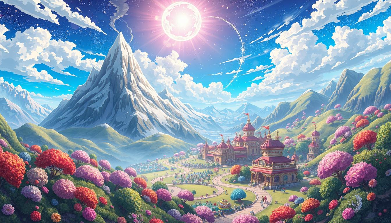 A vibrant, fantastical landscape of the creative world of Shinshan, filled with whimsical adventures. In the foreground, a towering candy-colored mountain range, its peaks sparkling with a dusting of sugary snow. Winding paths lead through lush, imaginative forests, where fantastical creatures frolic amidst blooming, otherworldly flora. The middle ground reveals a bustling, playful town, its buildings adorned with intricate, fanciful architecture. The sky above is alight with a dreamy, ethereal glow, as if illuminated by the wonder and magic of this enchanting realm. Capture the sense of boundless creativity, exploration, and pure delight that defines the world of Shinshan.