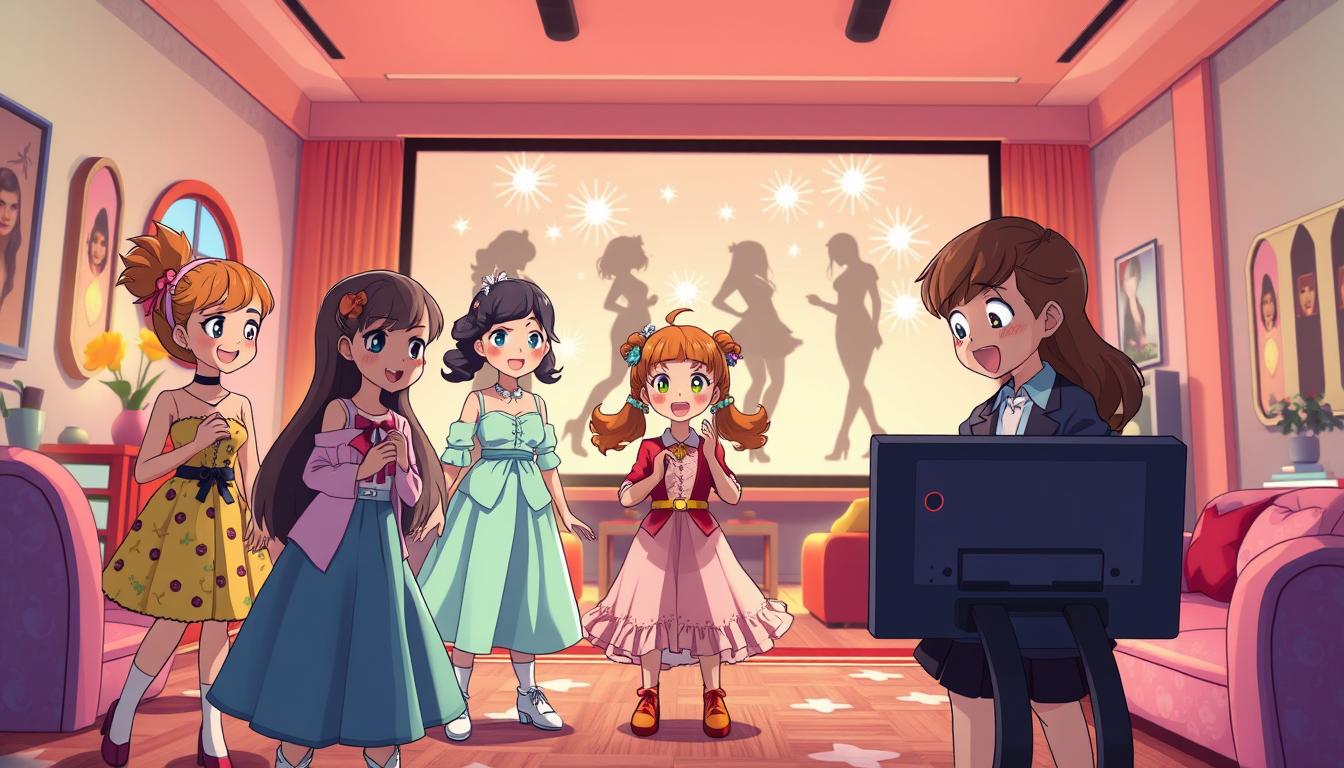 A vibrant and whimsical scene of young children joyfully playing a fashion-themed video game. In the foreground, a group of diverse, animated characters excitedly try on a variety of glamorous outfits, accessories, and hairstyles, mimicking the red carpet styles of their favorite celebrities. The middle ground showcases a playful, brightly-lit interior with stylized furniture and decor, creating an engaging, interactive environment. In the background, a large projection screen displays elegant silhouettes and dazzling visual effects, further immersing the players in the world of celebrity fashion. The overall mood is one of creativity, imagination, and the empowering sense of self-expression that these types of games can provide for young audiences.