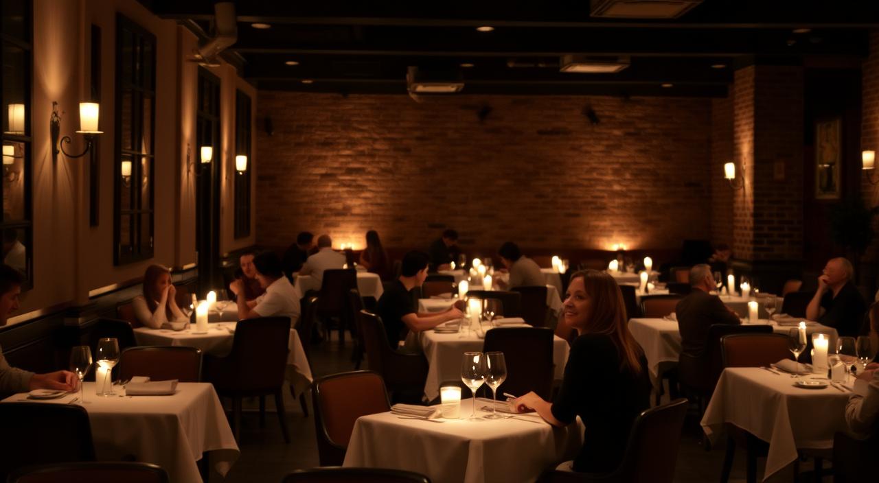 A cozy, dimly lit restaurant interior with white tablecloths and a romantic atmosphere. In the foreground, a couple sits at a small, intimate table, enjoying a candlelit dinner with a glass of wine. Soft, warm lighting from candles and wall sconces creates a intimate, inviting ambiance. In the middle ground, other tables are scattered throughout the space, with patrons engaged in quiet conversation. The background features a brick or stone wall, adding a touch of rustic elegance to the scene. The overall mood is one of tranquility, intimacy, and a sense of escape from the bustling city outside.