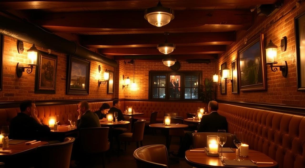 A cozy, intimate dining room in the heart of New York's West Village. The space is filled with a warm, ambient glow from the soft lighting, creating a romantic, inviting atmosphere. Wooden beams and brick walls add a rustic, charming touch, while plush, tufted banquettes and small, round tables set the stage for an intimate dining experience. Soft candlelight flickers, casting a gentle, flickering light across the table settings and the faces of the diners. The overall composition emphasizes the snug, cozy nature of the space, with a focus on the details that contribute to the intimate, charming ambiance.