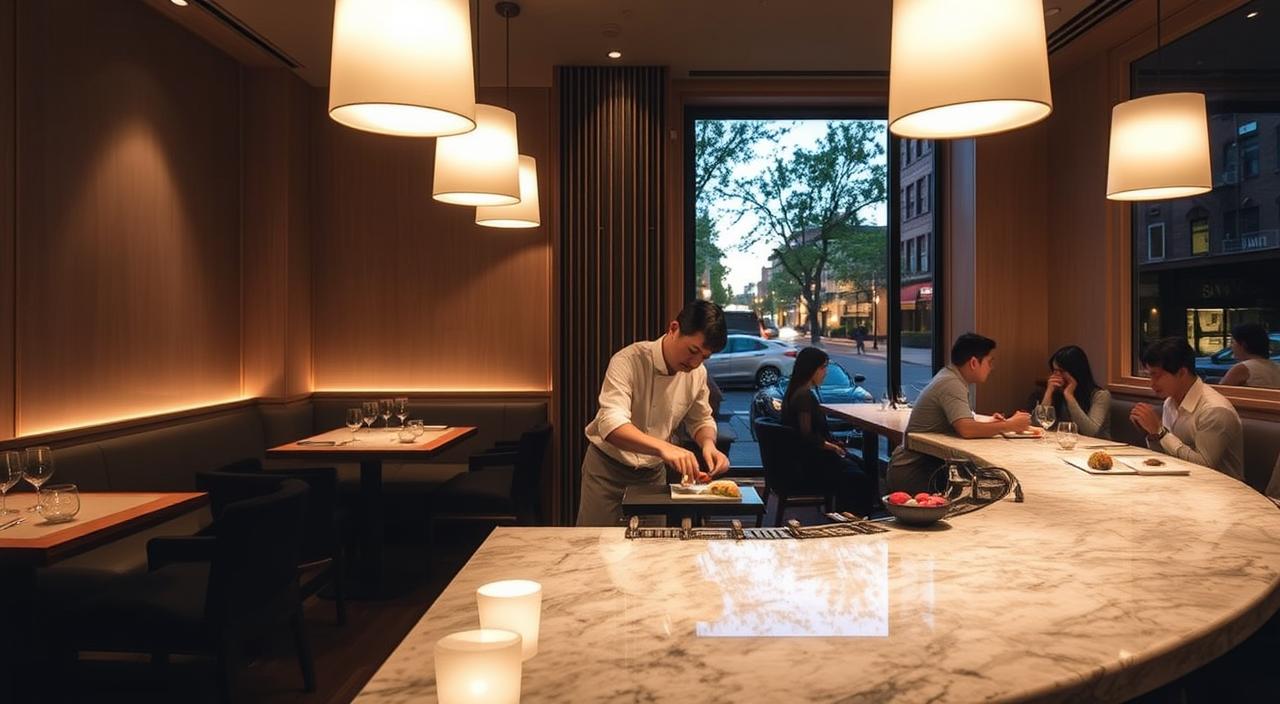 A cozy, intimate sushi restaurant in the West Village, Sushi Nakazawa is a modern, minimalist oasis of serenity. Softly lit by overhead pendant lamps, the restaurant's serene dining room features clean lines, natural wood tones, and a sleek, soothing ambiance. In the foreground, a single sushi chef delicately prepares a selection of nigiri, the precision of his movements reflected in the highly polished granite counter. Diners sit around the U-shaped bar, entranced by the graceful choreography of the chef's work. In the background, a large window offers a serene view of the tree-lined West Village streets, the fading daylight casting a warm, romantic glow over the scene.