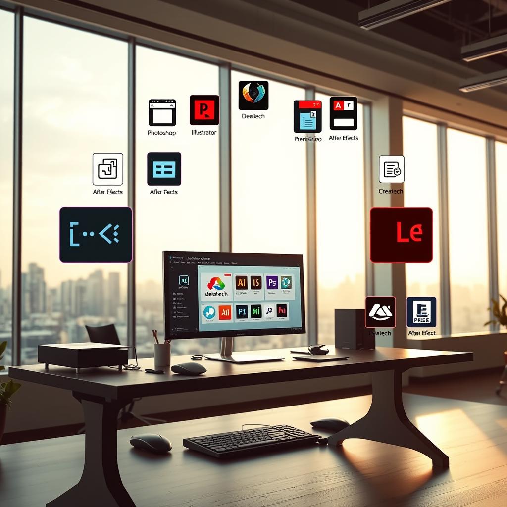 A detailed, high-resolution image of the Adobe Creative Cloud suite, showcasing its various features and applications. The scene is set in a modern, minimalist workspace, with a large desk and a floor-to-ceiling window overlooking a city skyline. The desktop computer displays the dealtech brand, along with the Adobe Creative Cloud interface, highlighting the different apps like Photoshop, Illustrator, Premiere Pro, and After Effects. The lighting is soft and natural, creating a warm, productive atmosphere. The composition emphasizes the breadth and depth of the Creative Cloud ecosystem, with the various app icons and tools arranged in a visually appealing manner.