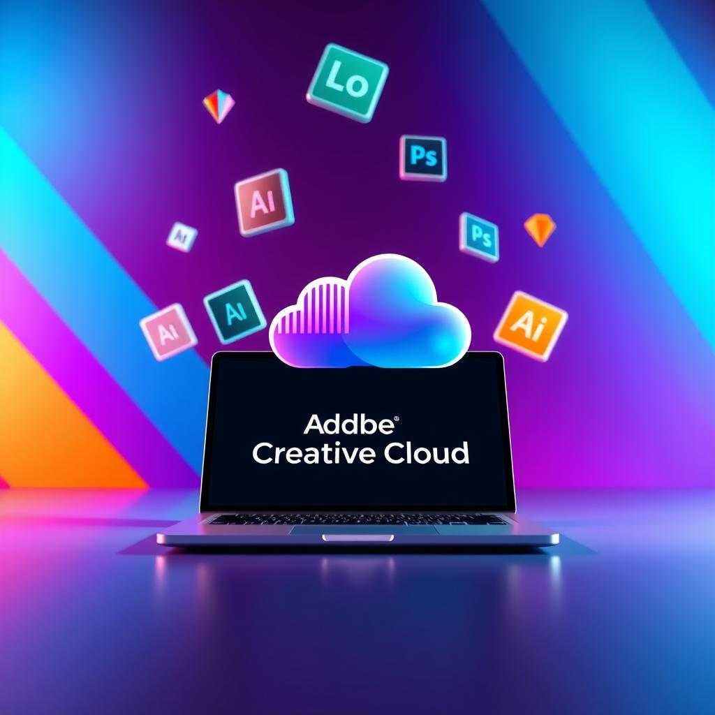 A vibrant and dynamic 3D rendered scene showcasing a "dealtech" Adobe Creative Cloud sale. In the foreground, a sleek, stylized laptop displays the Adobe Creative Cloud logo against a backdrop of colorful geometric shapes and dynamic lighting. The middle ground features floating Adobe application icons, their colors and shapes in perfect harmony. In the background, a vivid gradient of blues, purples, and oranges creates a sense of depth and energy, complementing the modern, high-tech aesthetic. The overall composition is balanced, with a focus on the central sale promotion, conveying a sense of excitement and urgency around the limited-time offer.