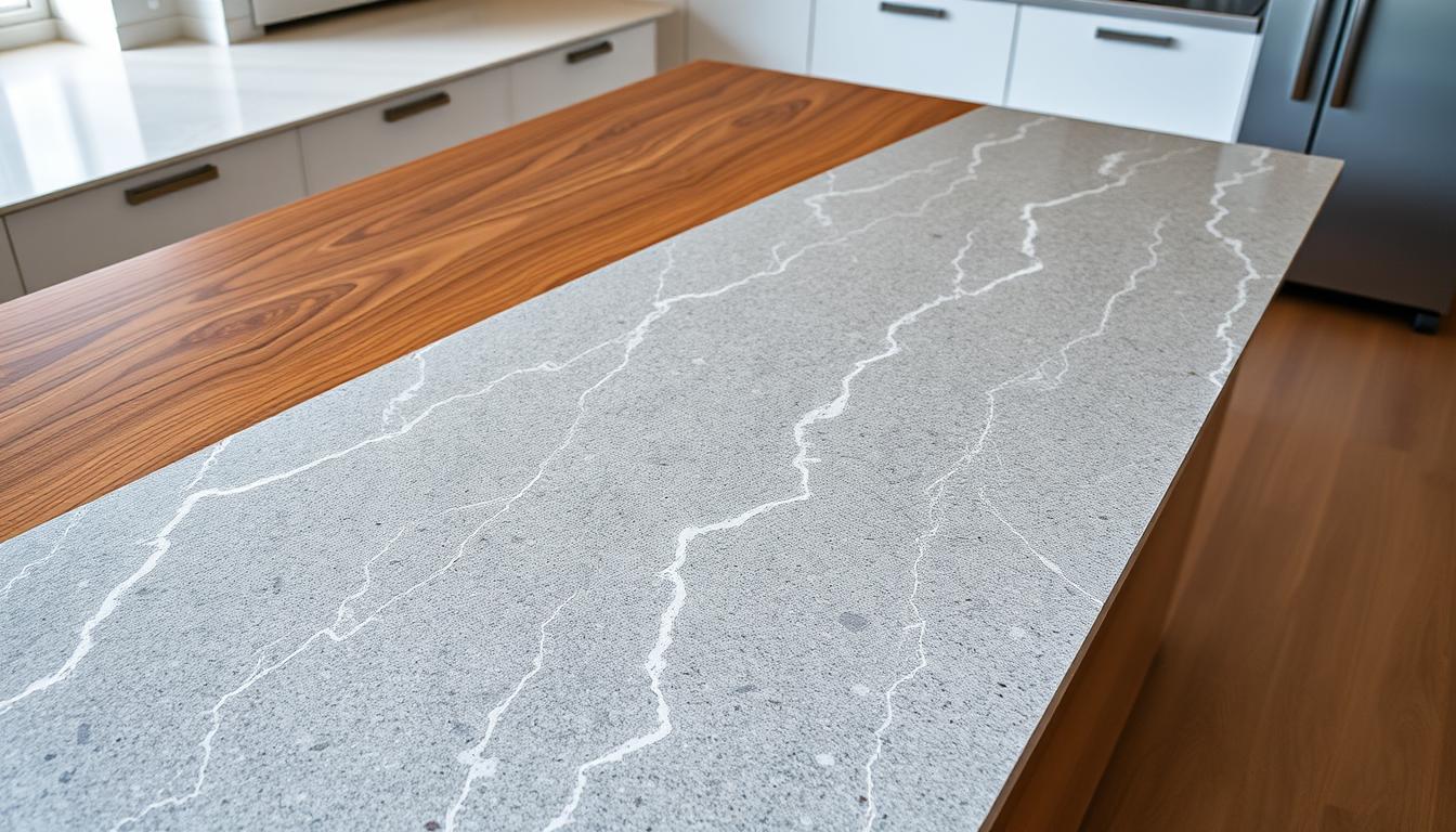 combinación madera y piedra en encimeras