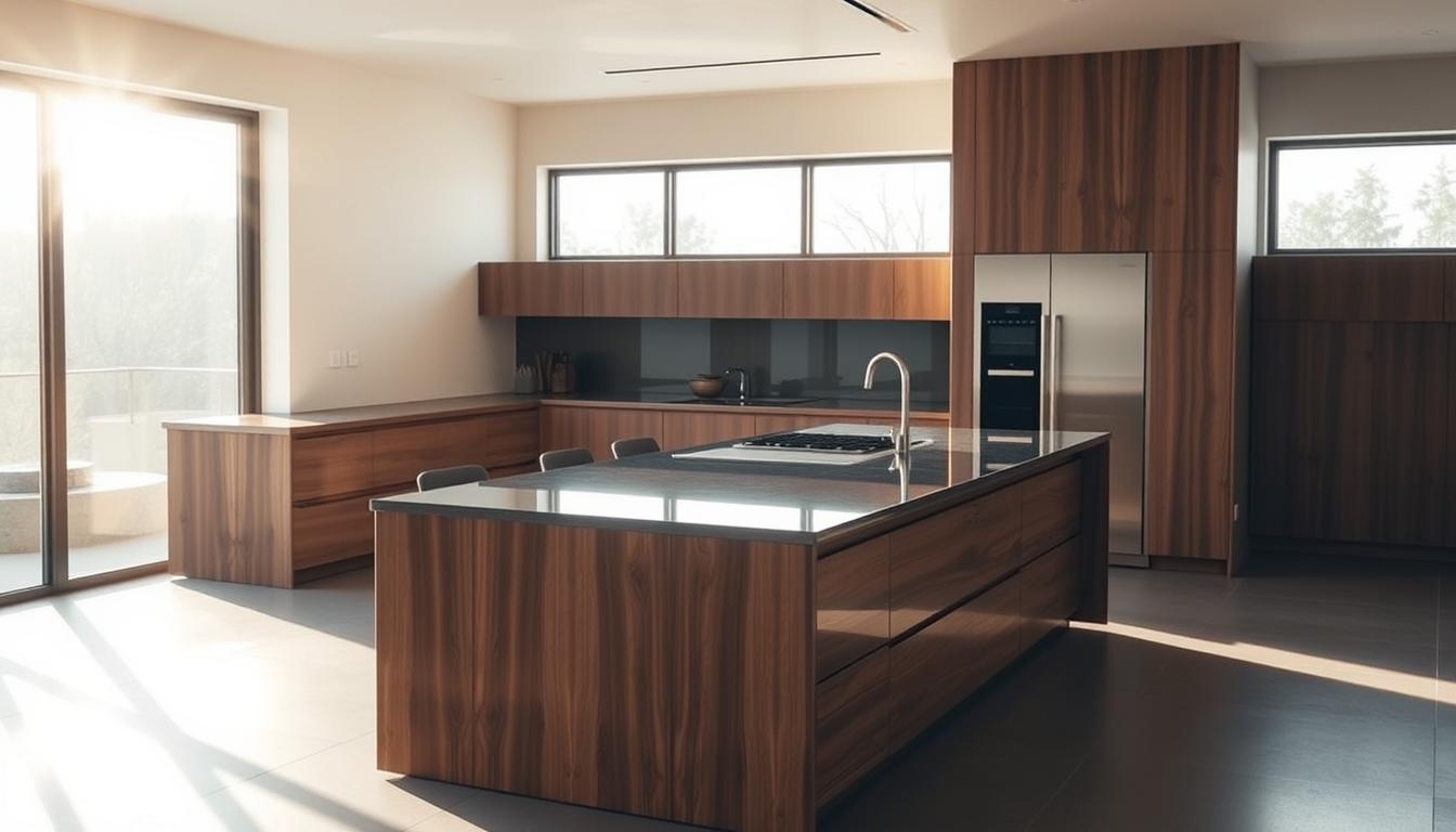 Cocina moderna con isla y grafeno nogal