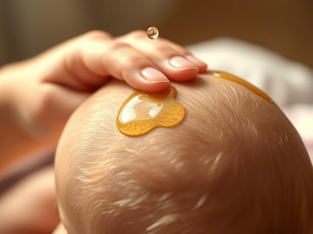 A close-up shot of a person's hand gently applying baby hair oil to a baby's scalp, using smooth, even strokes. The baby's soft, downy hair is clearly visible, and the oil is being massaged into the delicate skin with care and tenderness. The lighting is warm and natural, creating a cozy, intimate atmosphere. The background is blurred, keeping the focus on the essential technique. The image conveys a sense of nurturing, attentive care, and the importance of proper hair oil application for a baby's healthy hair growth.