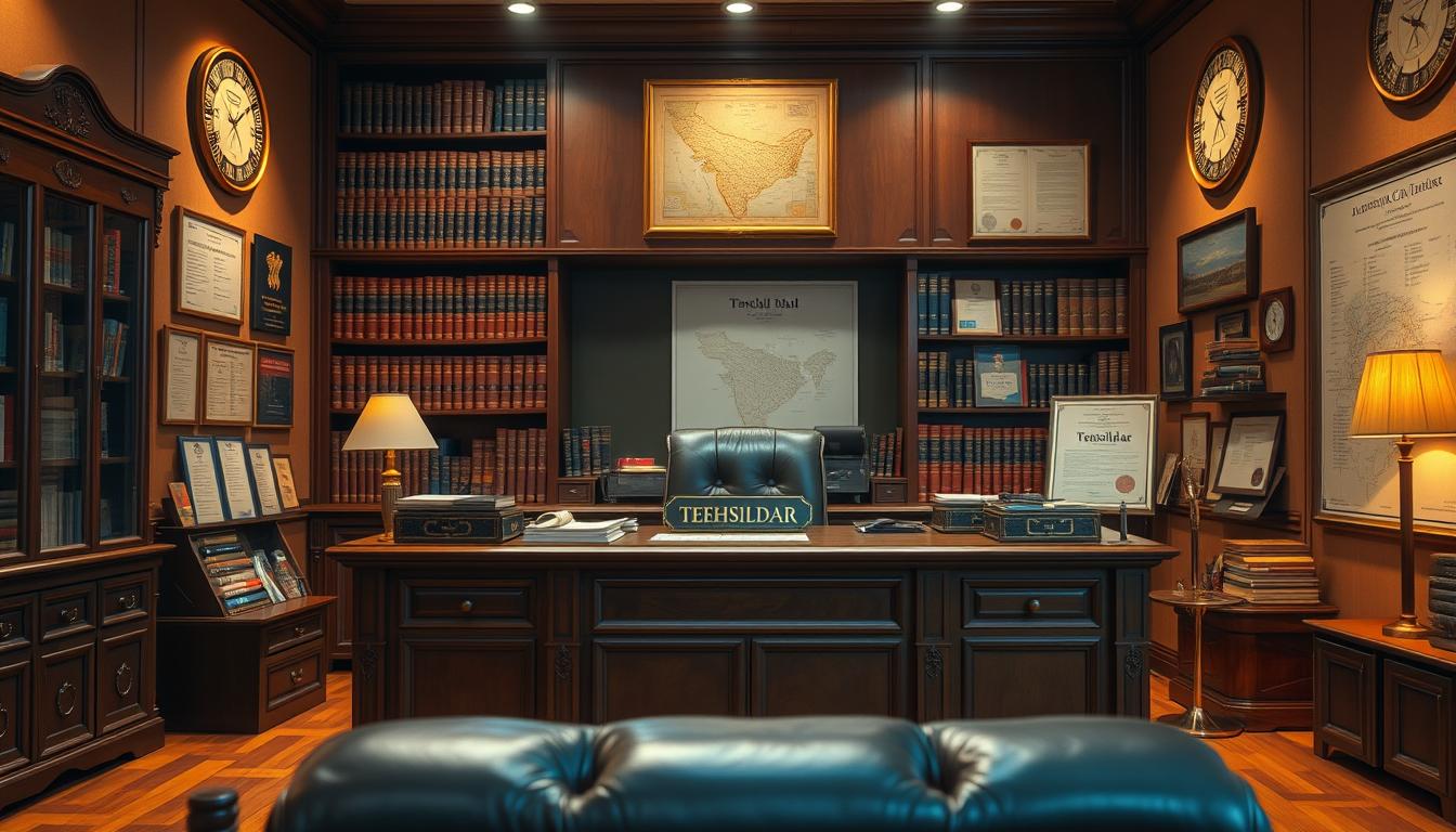 A detailed, neatly organized office interior with a large wooden desk at the center, illuminated by warm, directional lighting. On the desk, official-looking documents and a brass nameplate that reads "Tehsildar" are prominently displayed. Behind the desk, a floor-to-ceiling bookshelf filled with legal tomes and government records. The walls are adorned with official seals, certificates, and a large map of the local region. In the foreground, a leather chair faces the desk, ready for an important meeting. The overall atmosphere conveys a sense of authority, professionalism, and administrative prowess.
