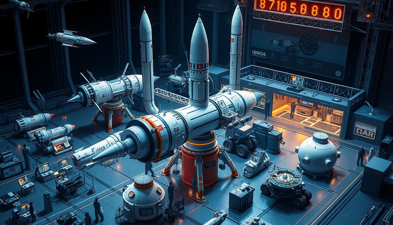 A detailed rendering of the Indian Space Research Organisation's (ISRO) space mission, depicting the agency's cutting-edge spacecraft, satellites, and ground control facilities. The image should showcase ISRO's technological prowess, with a focus on the intricate engineering and design of their space systems. The composition should present a balanced and visually striking arrangement, with the spacecraft and satellite models taking center stage, surrounded by the supporting infrastructure and personnel in the background. The lighting should be dramatic, accentuating the sleek, futuristic aesthetic of the ISRO technology. The overall atmosphere should convey a sense of awe and admiration for the organization's remarkable achievements in the field of space exploration.