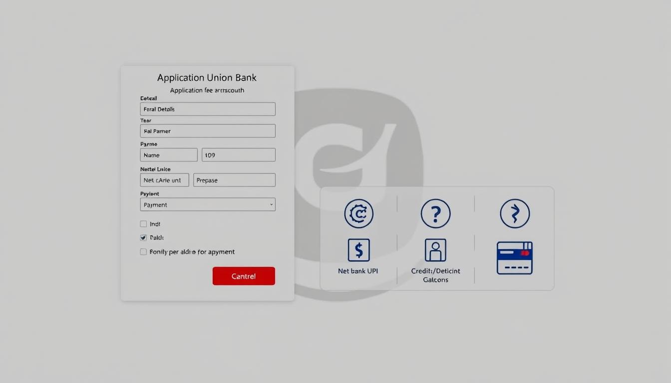 A crisp, clean image of a Union Bank application fee payment interface, set against a neutral background. The foreground features a detailed digital form with fields for entering personal details, payment options, and the application fee amount. The middle ground showcases various payment gateways like net banking, UPI, and credit/debit cards, with clear icons and labels. The background has a subtle Union Bank logo watermark, conveying the official nature of the transaction. The overall mood is professional, intuitive, and user-friendly, reflecting the reliability and convenience of the bank's application process.
