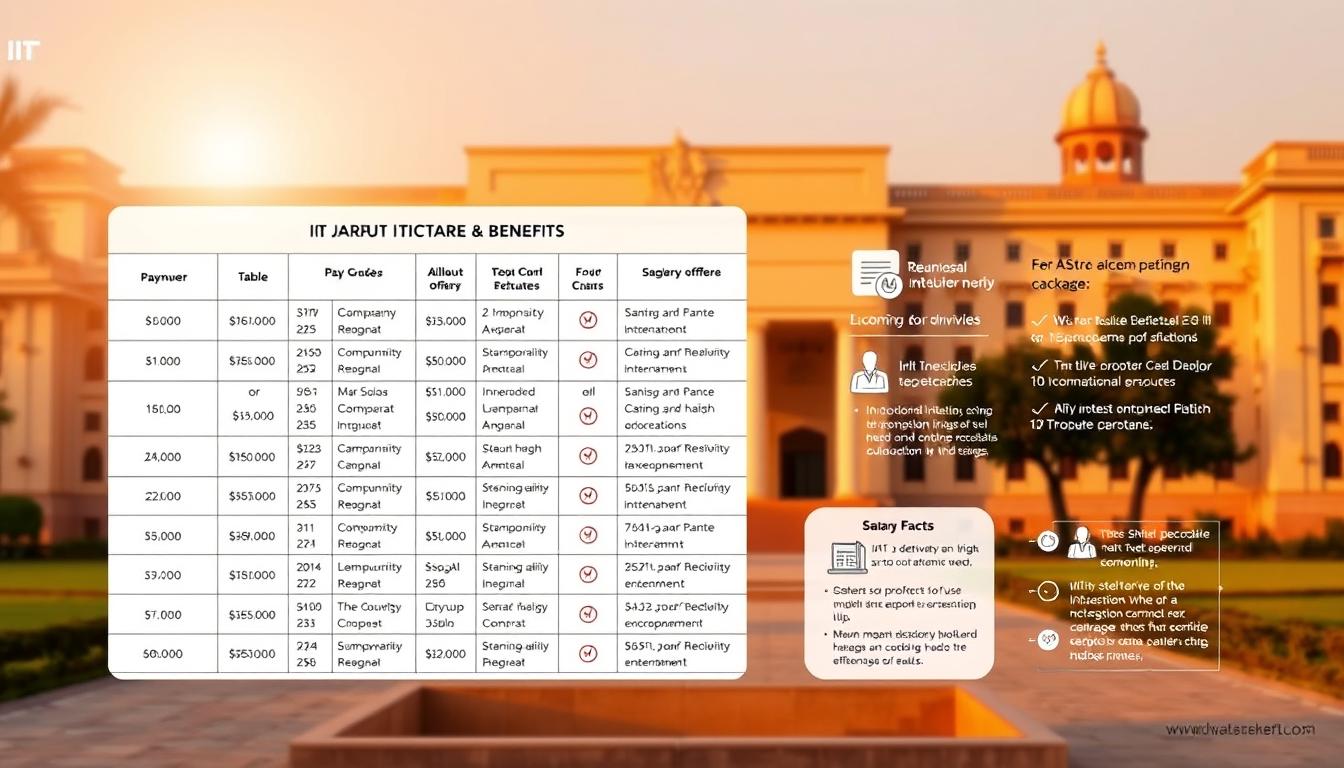 A detailed diagram showcasing the salary structure and benefits offered at IIT Jodhpur. A well-lit, high-resolution rendering, captured with a professional-grade camera lens. The foreground features a clean, minimalist table outlining the different pay grades, allowances, and perks. The middle ground showcases icons and infographics highlighting key facts about the compensation package. The background depicts the iconic IIT Jodhpur campus architecture, bathed in warm, golden lighting to convey a sense of prestige and authority. The overall mood is informative yet visually striking, designed to educate and engage the reader about the attractive employment opportunities at this prestigious institution.