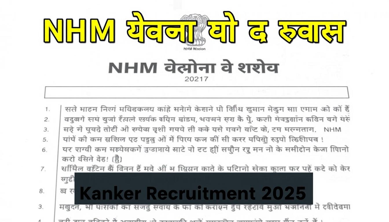 Detailed technical recruitment guidelines for NHM Kanker district, showcased on a crisp, clean document layout. The foreground displays the title "NHM कांकेर भर्ती योग्यता मानदंड" in bold Devanagari script, with the key eligibility criteria and requirements laid out in a structured format. The middle ground features a minimalist icon or logo related to the National Health Mission. The background has a subtle gradient or texture, conveying a sense of official government documentation. The overall mood is professional, authoritative, and easy to parse, suitable for illustrating the "Eligibility Criteria and Qualifications" section of the Kanker Recruitment 2025 article.