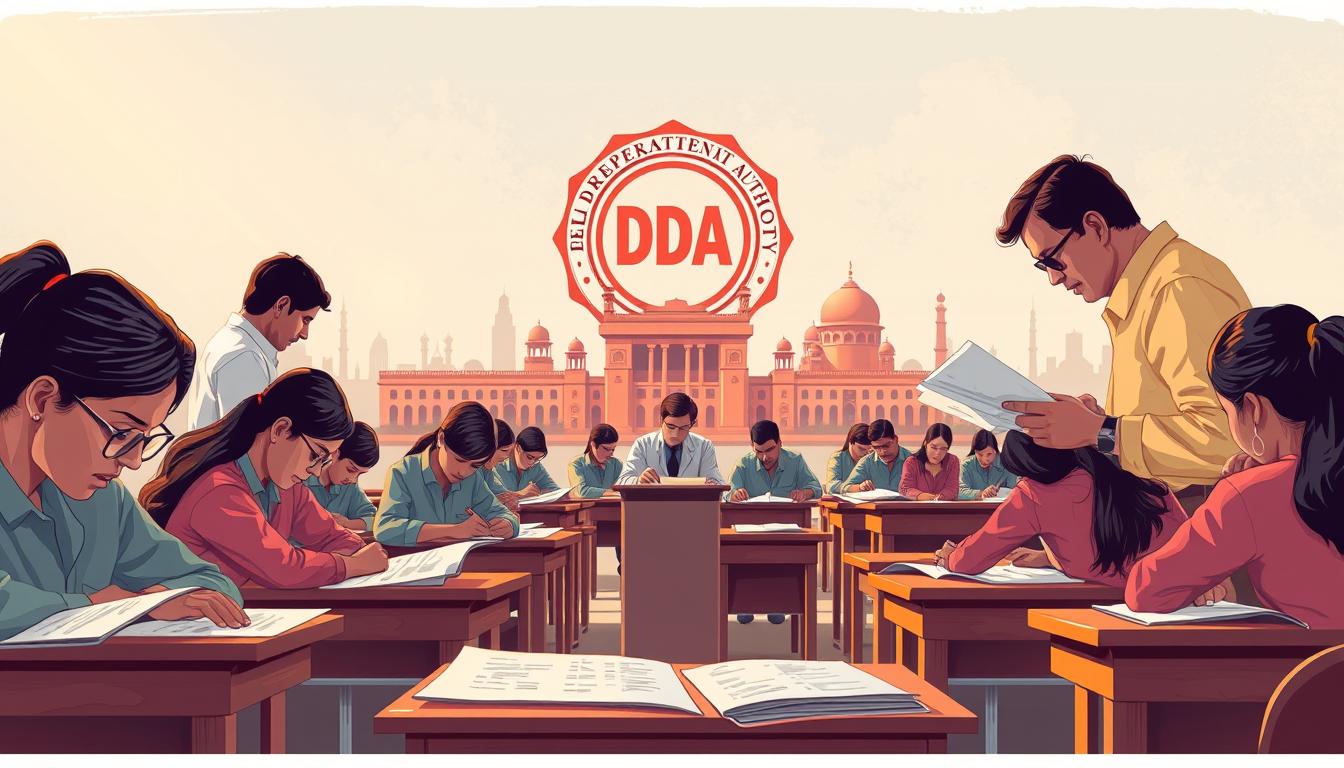 A detailed illustration of the Delhi Development Authority recruitment selection process. In the foreground, a group of candidates sitting at desks, focused intently on their written examination papers. The middle ground showcases officials meticulously evaluating answer sheets, carefully analyzing each response. In the background, a massive DDA seal and the Delhi skyline, signifying the significance and authority of the examination. The scene is bathed in a warm, authoritative lighting, conveying a sense of gravity and professionalism. The composition highlights the procedural rigor and high standards of the DDA recruitment selection, reflecting the section title "चयन प्रक्रिया और परीक्षा पैटर्न".